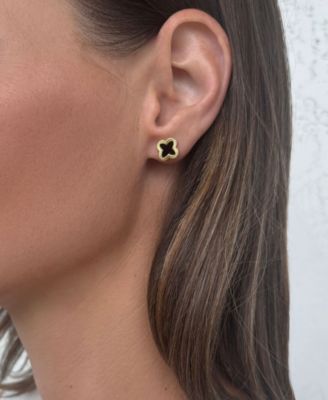 Gold Fluted Edge Black Clover Stud Earrings
