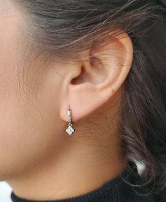 Cubic Zirconia Extra Mini Clover Dangle Huggie Earrings