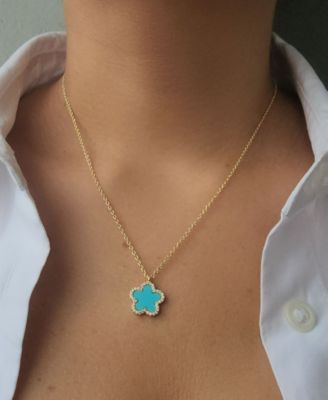 Gold Turquoise Halo 5 Leaf Clover Pendant Necklace