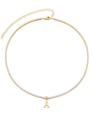 Gold Crystal Initial Charm Tennis Necklace