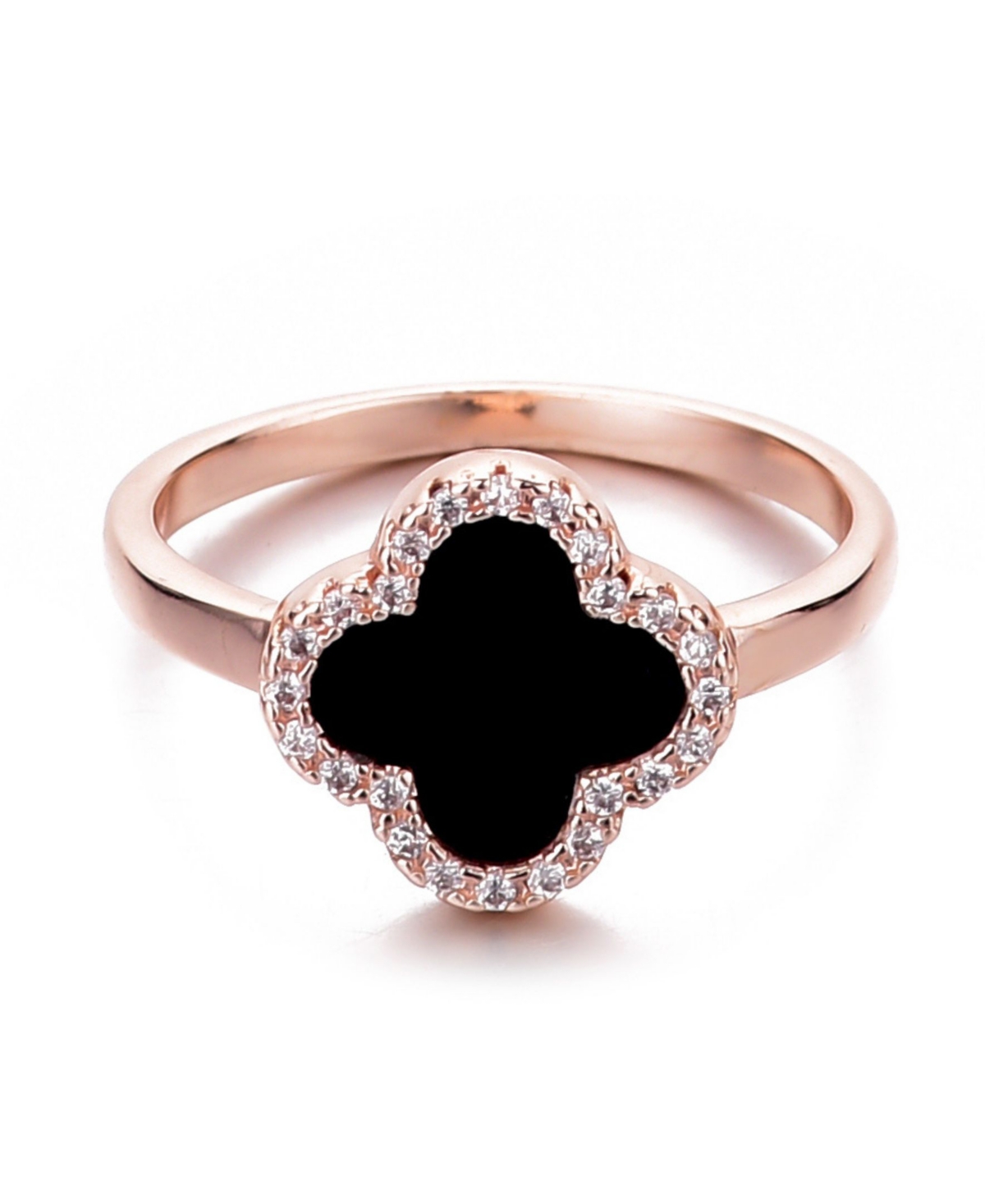 Rose Gold Cubic Zirconia Black Halo Clover Ring - Black