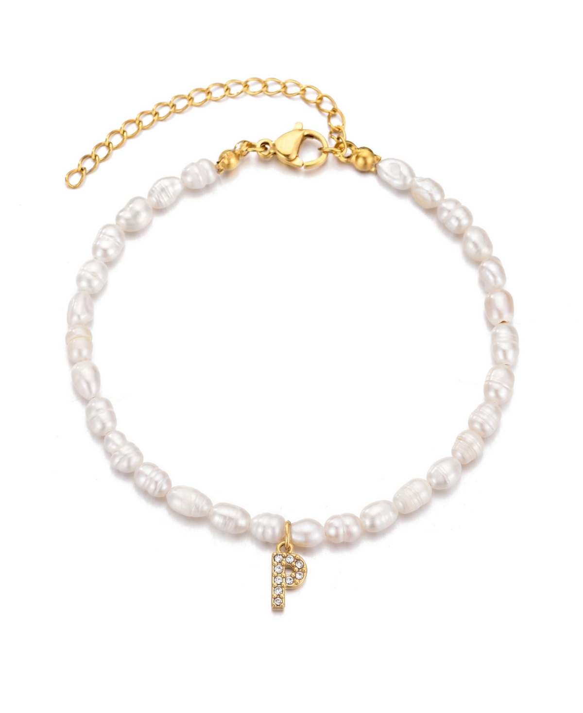 Gold Freshwater Cultivated Pearl Cubic Zirconia Letter Bracelet - White T
