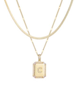 Gold Pave Tag Pendant and Herringbone Chain Initial Necklace Set