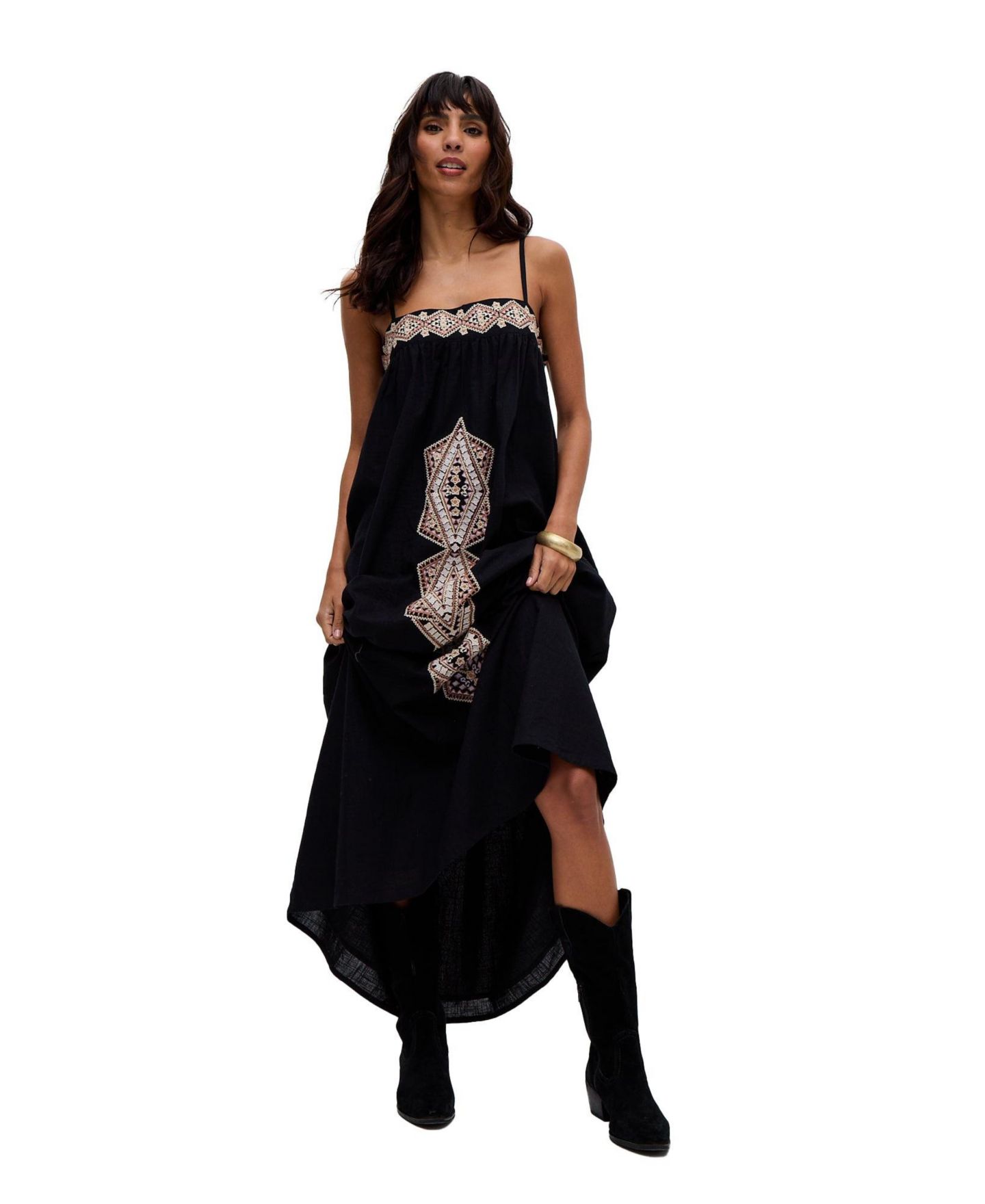 Женское платье Raffya Sapphire Spaghetti Strap Embroidered Maxi, цвет: Чёрный — фото 6