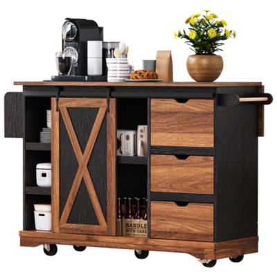CASAINC 55.5" Wood Drop Leaf with Barn Door, Power Outlet & Spice Rack Kitchen Island