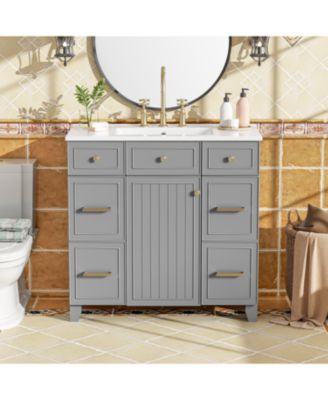 36" Solid Wood & Ceramic Hairdryer Drawer Bathroom Vanity with Soft-Close Doors