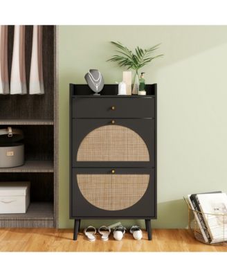 Freestanding Modern Shoe Storage Cabinet 3 Metal Rattan Door Shoe Rack Shoe Cabinet with 3 Flip Drawers for Entryway Living Room, Black