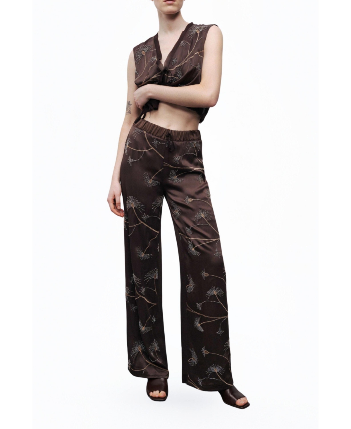 Women's Beaded Embroidered Pants - Dark brown