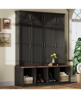 Farmhouse Hall Tree Bench with Hidden Hooks & Shoe Cabinet