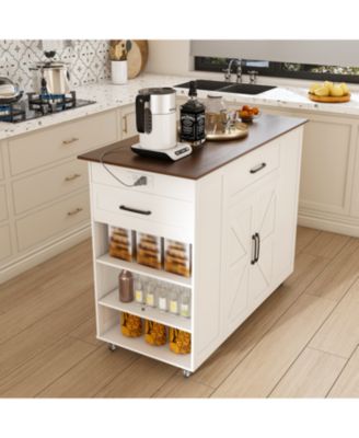 46" Kitchen Island on Wheels with Storage & Power Outlet - White