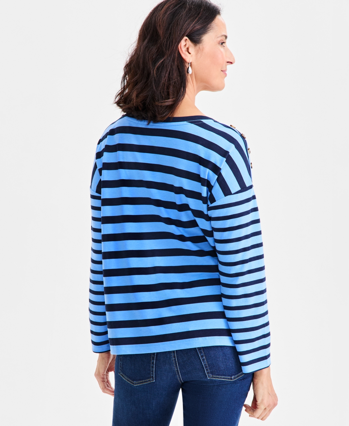 Style & Co Women's Long Sleeve Button-trim Striped Knit Top, Macy's Exclusive