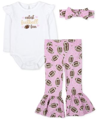 Baby Essentials - Baby Girls Cutest Football Fan Bodysuit, Headband & Flare Pants, 3 Piece Set