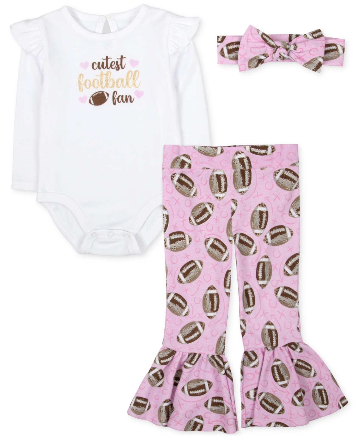 Baby Essentials Baby Girls Cutest Football Fan Bodysuit, Headband & Flare Pants, 3 Piece Set In Pink