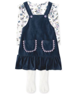 Baby Essentials - Baby Girls Velour Rib Knit Jumper, Floral-Print Shirt & Footed Tights, 3 Piece Set