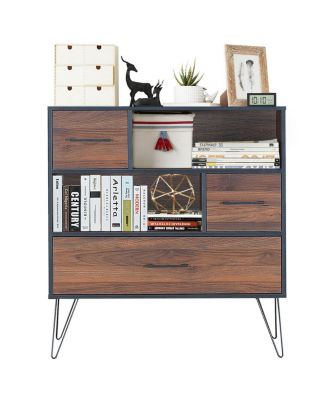 3-Tier Wood Storage Cabinet with Drawers and 4 Metal Legs