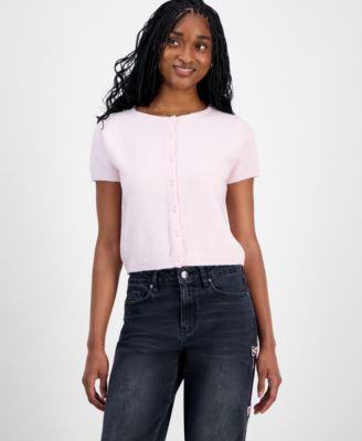 Juniors' Short-Sleeve Faux-Pearl Cardigan