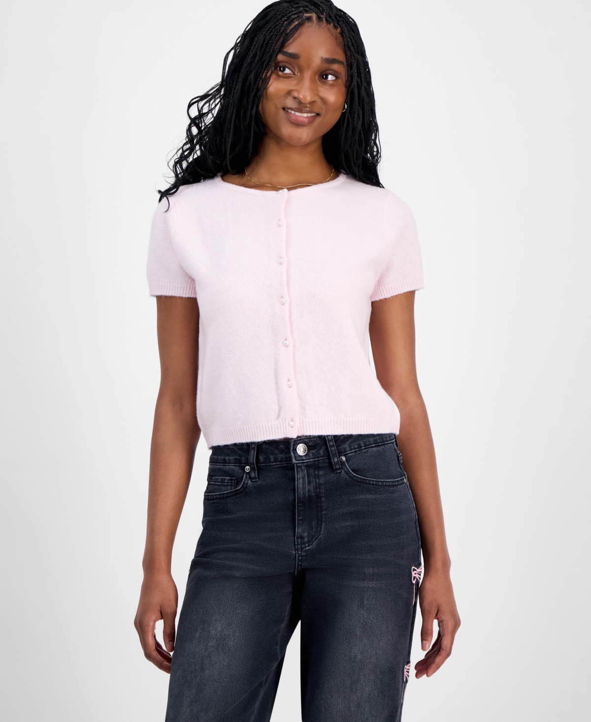 Hippie Rose Juniors' Short-sleeve Faux-pearl Cardigan In Pink