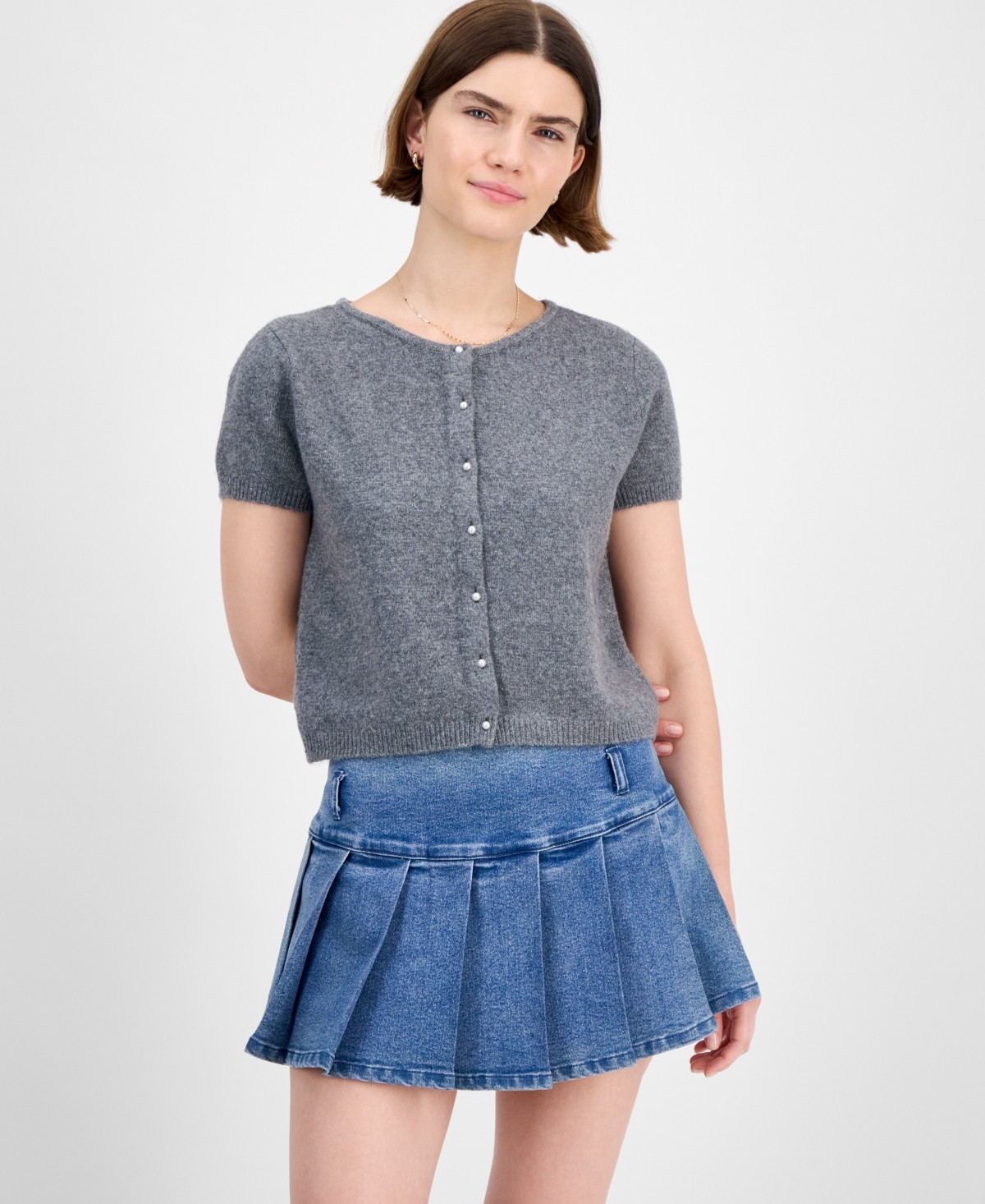 Hippie Rose Juniors' Short-sleeve Faux-pearl Cardigan In Gray