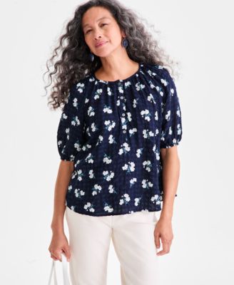 Petite Printed Seersucker Puff-Sleeve Popover Top, Macy's Exclusive