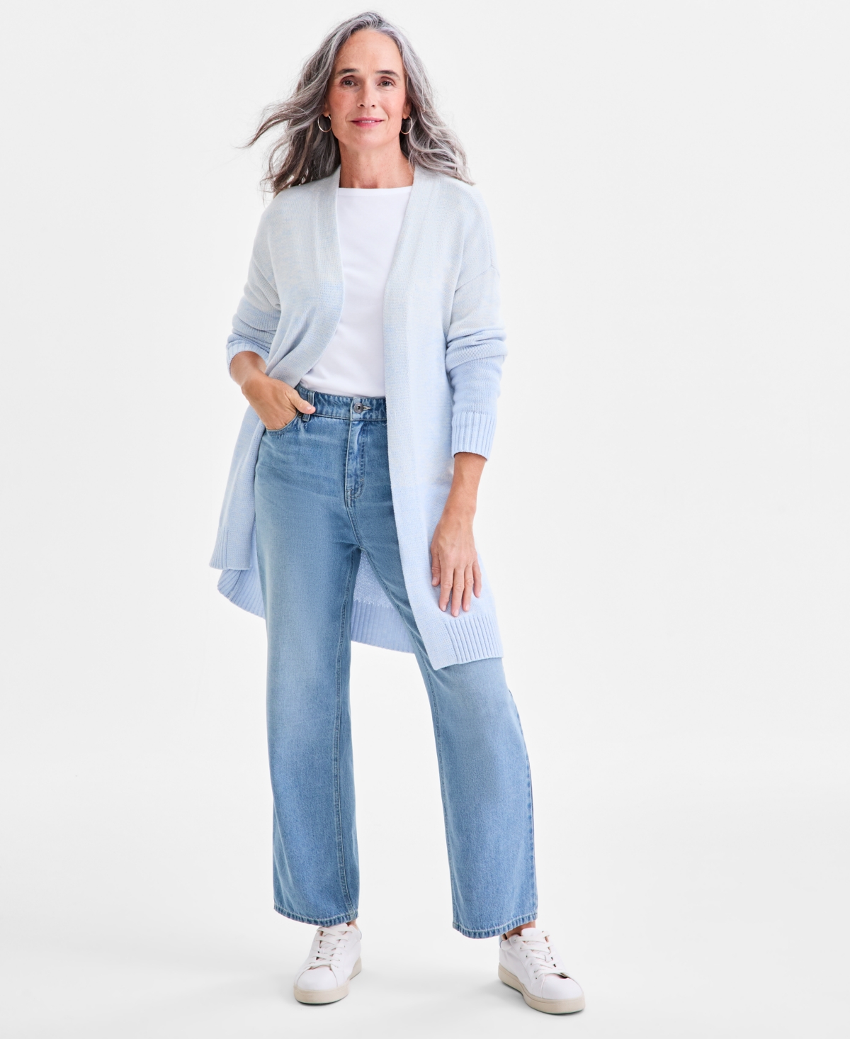 Style & Co Petite Honeycomb-knit Open-front Long Cardigan, Macy's Exclusive In Blue