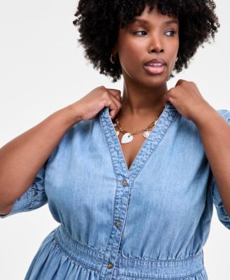 Trendy Plus Cotton Button-Front Tiered Midi Dress, Macy's Exclusive