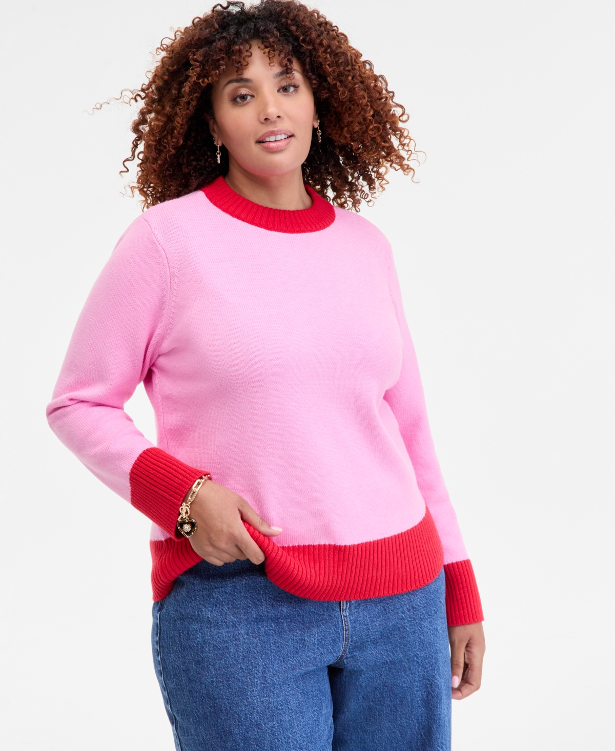 On 34th Trendy Plus Size Colorblocked High-neck Sweater, Macy's Exclusive In Pink