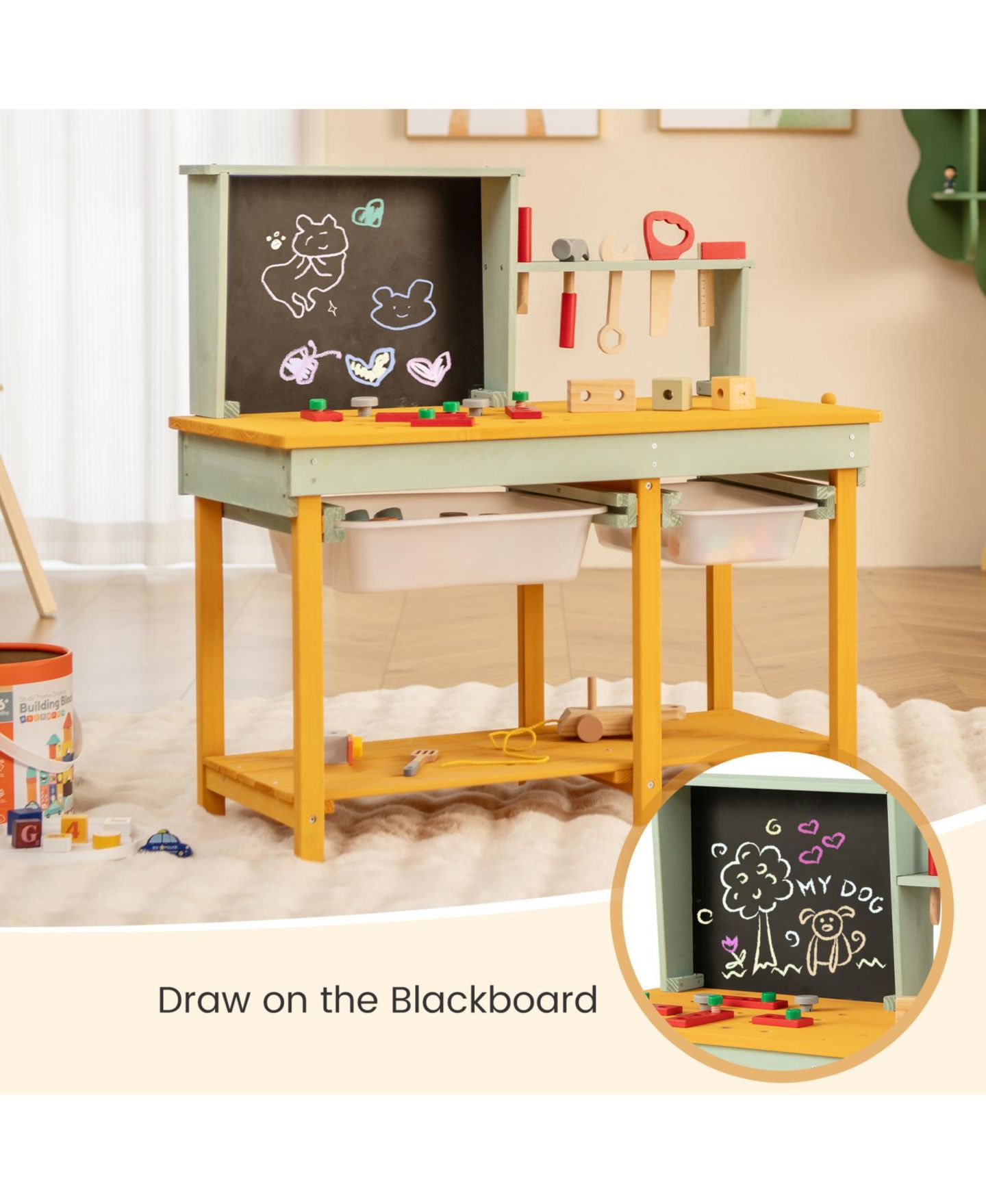 Детский конструктор Mecale Kids Wooden Toy Workbench with Storage Space and Blackboard, цвет: Жёлтый — фото 5