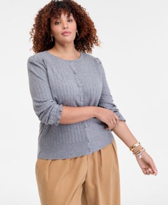On 34th - Trendy Plus Size Puff-Shoulder Pointelle Cardigan