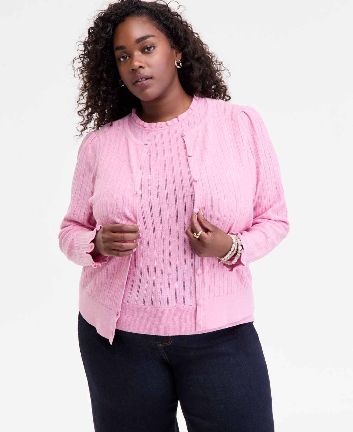 On 34th Trendy Plus Size Puff-shoulder Pointelle Cardigan, Macy's Exclusive In Pink