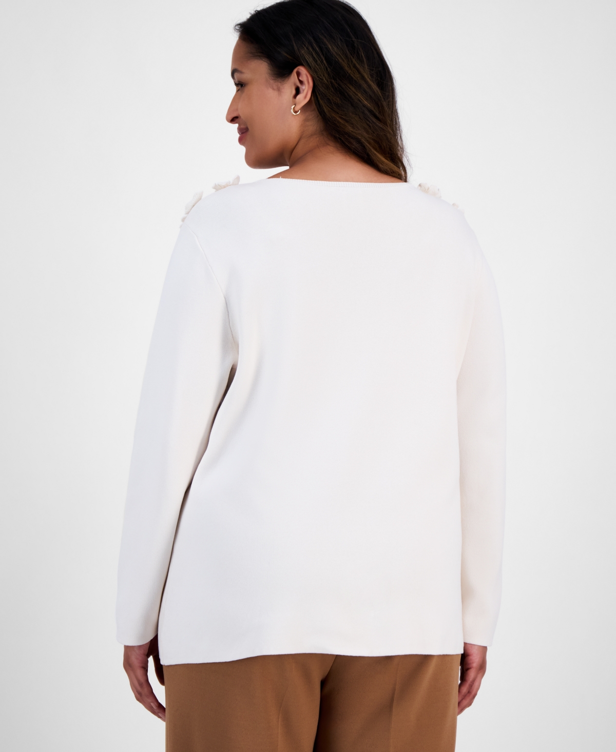 Anne Klein Plus Size Floral-embellished Boat-neck Sweater In White