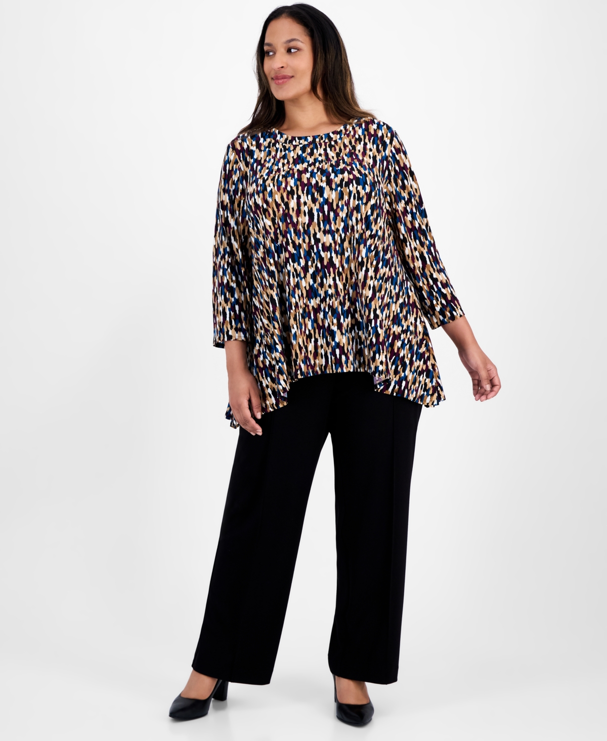 Ak Anne Klein Plus Printed Asymmetric-Hem Tunic