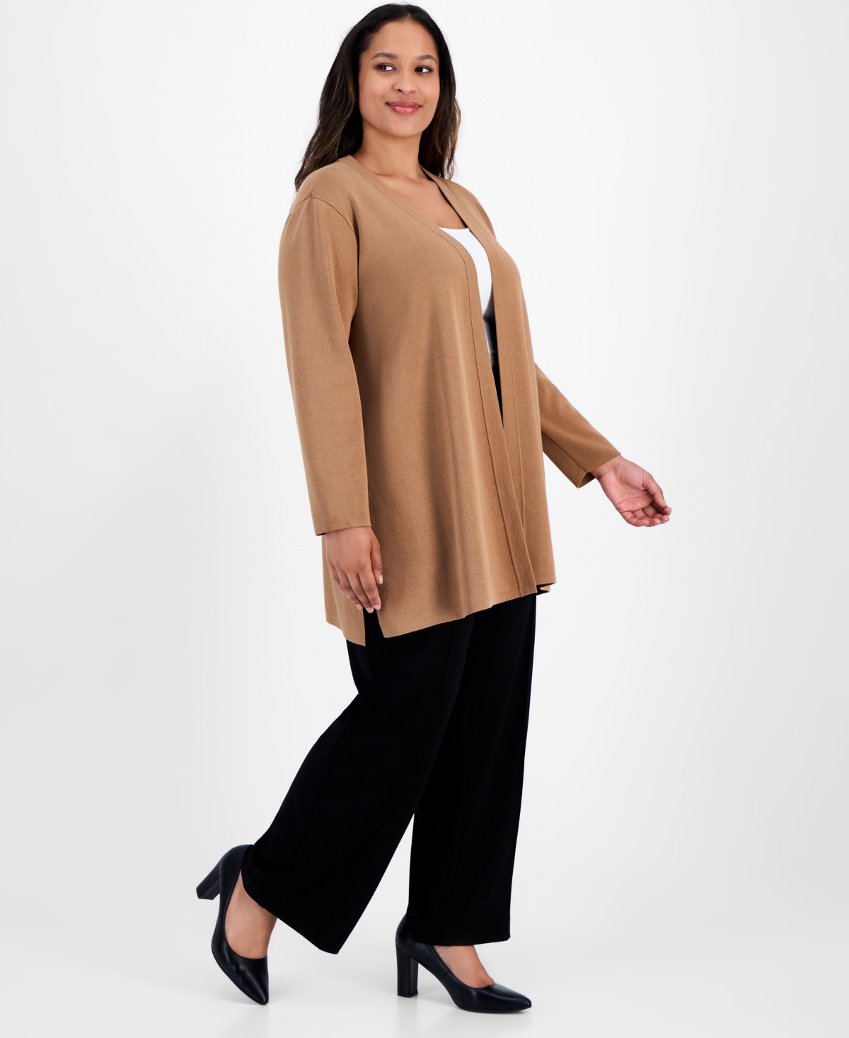 Ak Anne Klein Plus Size Kissing-front Side-slit Cardigan In Brown