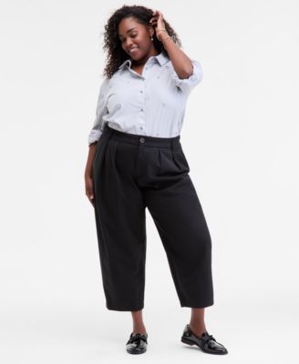 Trendy Plus Size High-Rise Pleated Barrel-Leg Pants