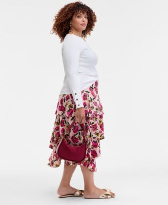Trendy Plus Size Floral-Print Tiered Midi Skirt, Macy's Exclusive