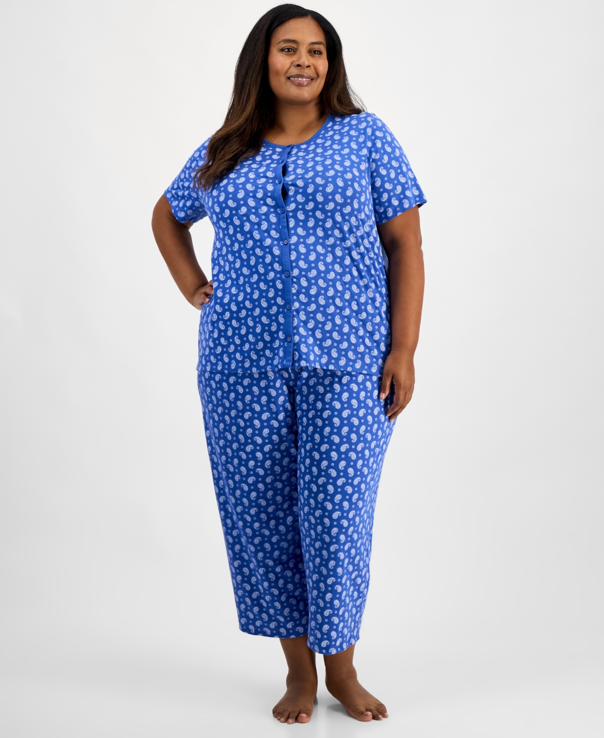 Plus Size Cotton Essential Button-Down Pajama Set, Created for Macy's - Paddington Paisly