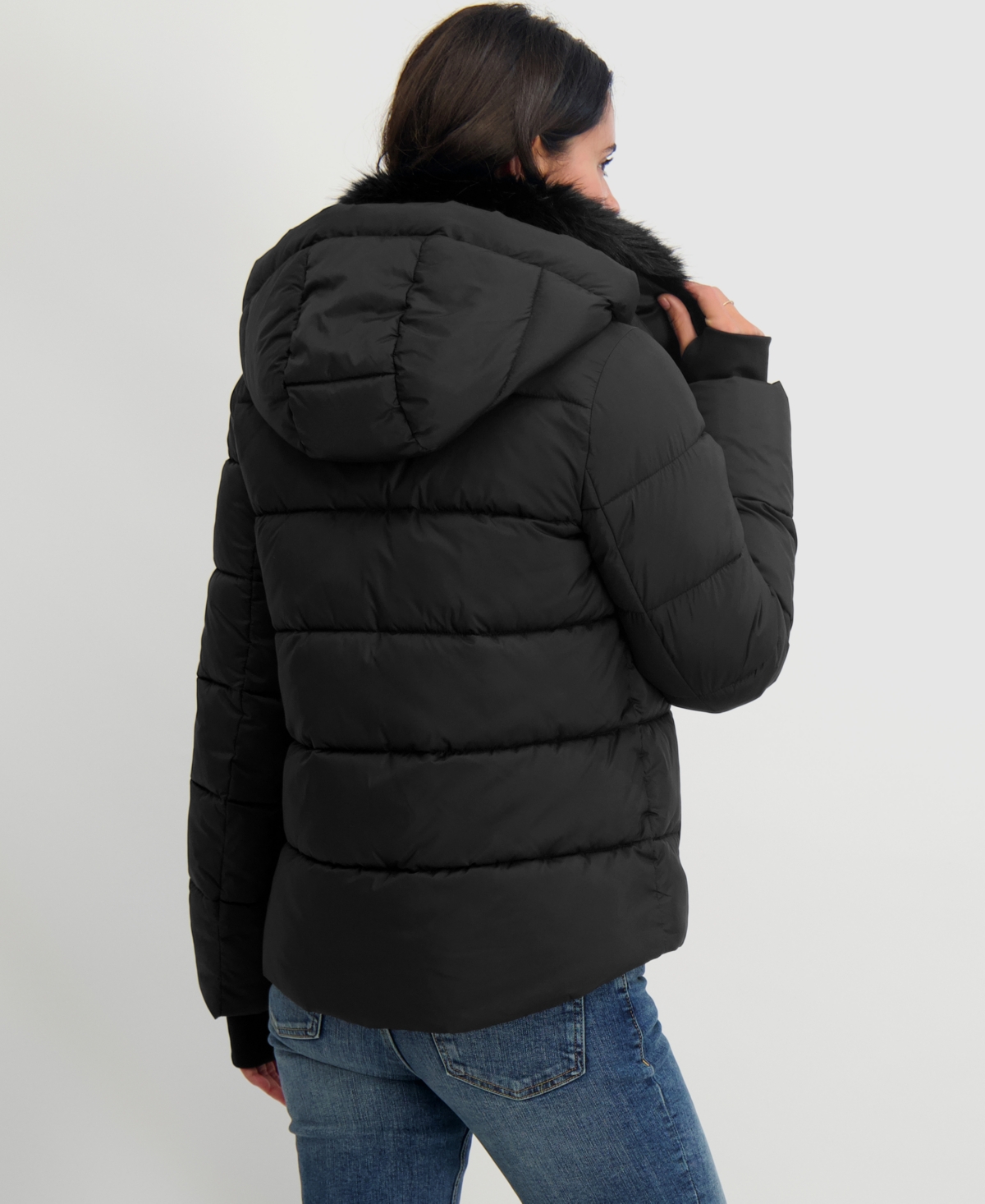 Tahari Women's Faux-fur-collar Hooded Puffer Coat In Black