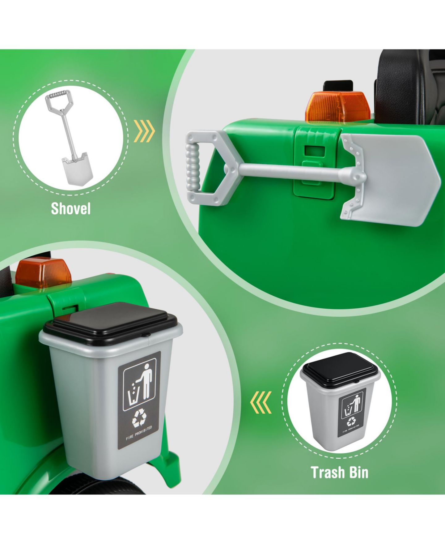 Детская игрушка Gymax Ride on Garbage Truck with Remote Control Trash Bin Shovel Lights Sound Effects, цвет: Зелёный — фото 7