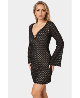 Women's Lace Bell Sleeves Keyhole Mini Dress