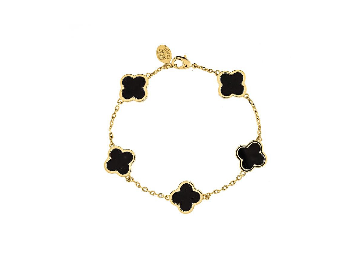 Onyx Clover Station Bracelet - Gold with black onyx