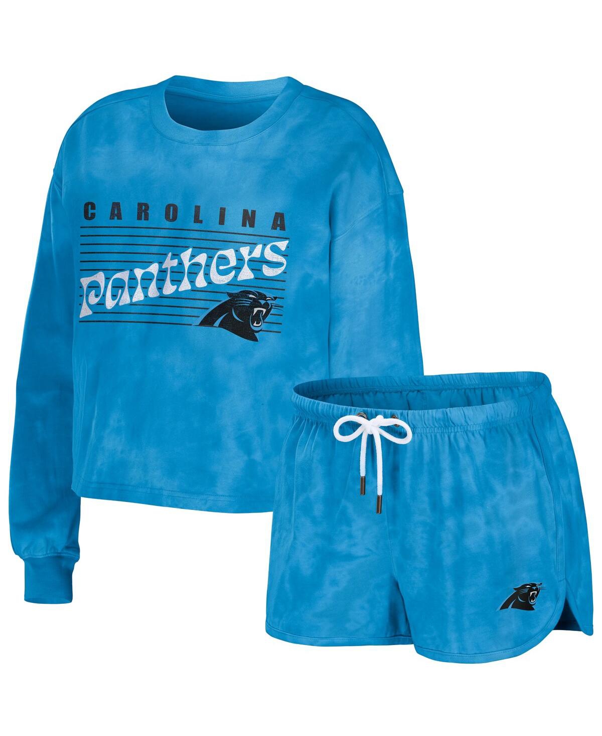 Women's 2-Piece Blue Carolina Panthers Tie-Dye Cropped Pullover Sweatshirt and Shorts Lounge Set - Blue