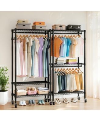 Heavy Duty Rolling Clothes Rack with Shelves &amp; Hooks
