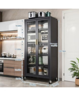 65" Kitchen Pantry Cabinet with Transparent Door & Wheels Gray