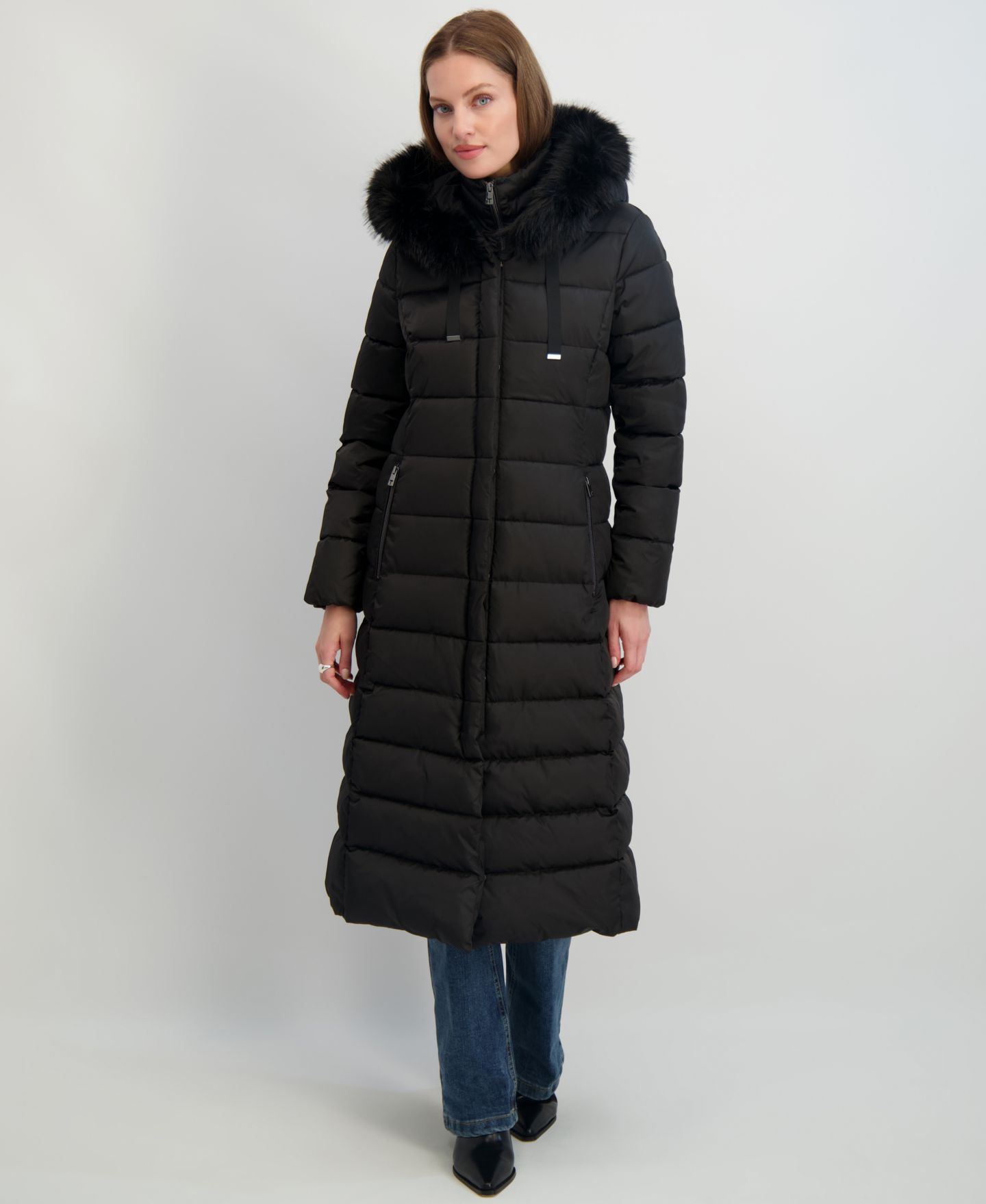 Женская куртка Tahari Maxi Shine Bibbed Faux-Fur-Trimmed Hooded Puffer, цвет: Чёрный — фото 1