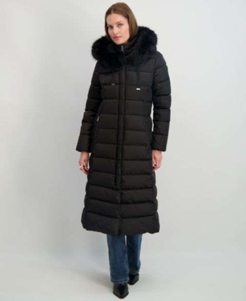 Женские куртки Tahari Maxi Shine Bibbed Faux-Fur-Trimmed Hooded Puffer Coat