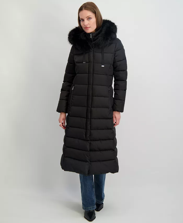 Womens Maxi Shine Bibbed Faux-Fur-Trimmed Hooded Puffer Coat