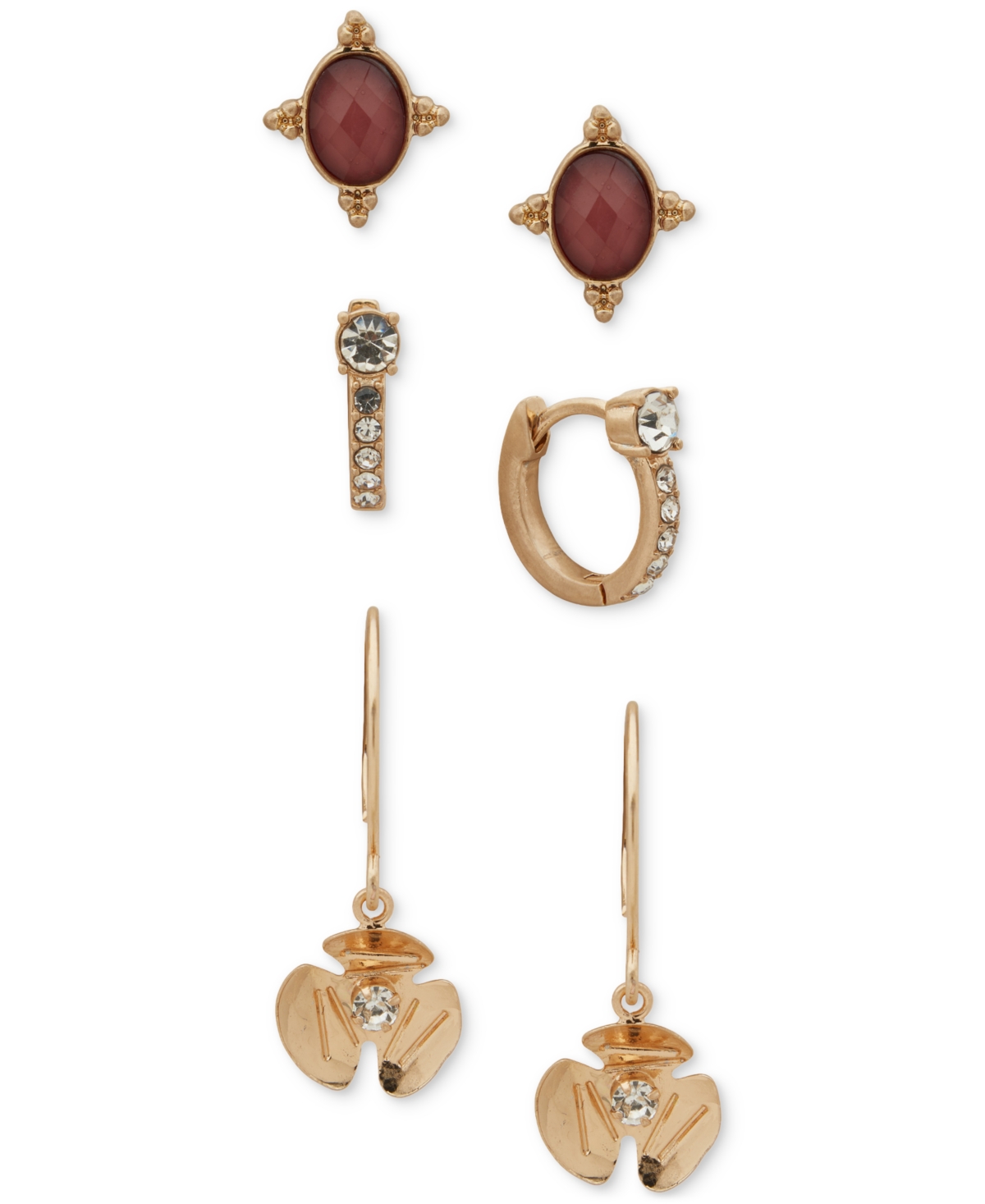 Lonna & Lilly Flower Stone Trio Earrings Set In Burgundy