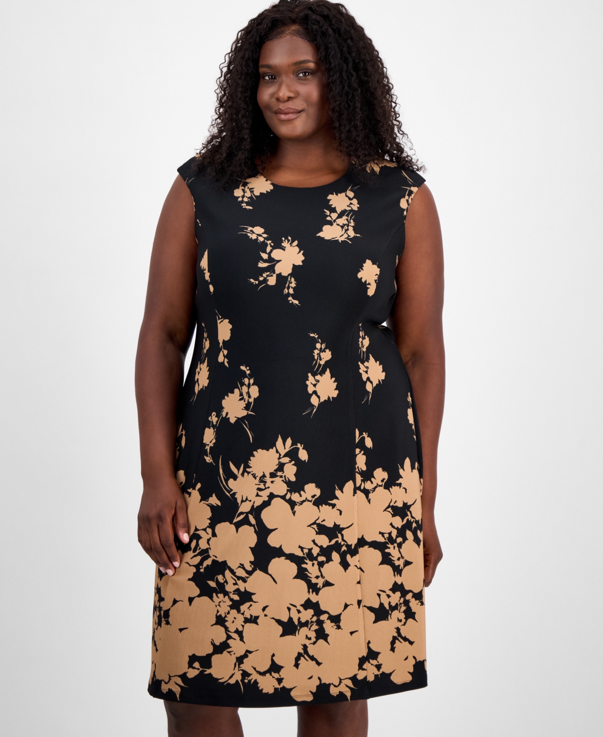 Connected Plus Size Floral-print Fit & Flare Dress In Black