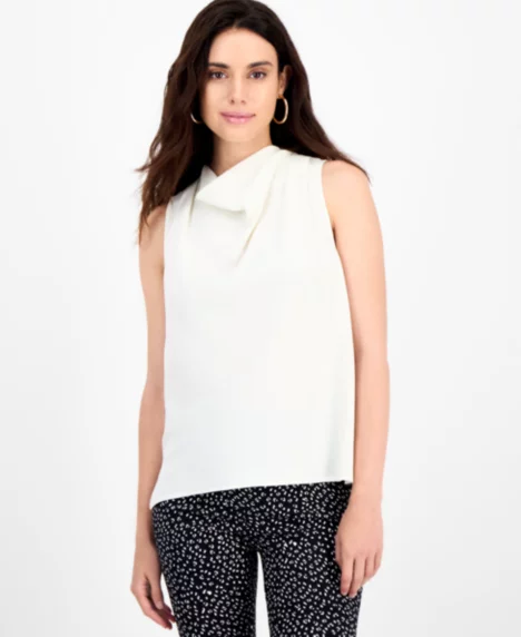 Petite Draped-Neck Sleeveless Top - Vintage Cream