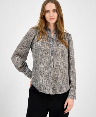Anne Klein - Women's Printed V-Neck Long-Sleeve Blouse