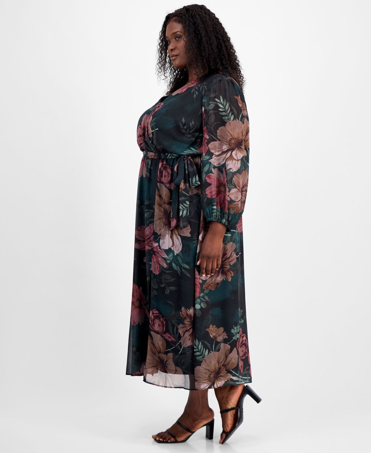 Robbie Bee Plus Size Floral-print Faux-wrap Dress In Black